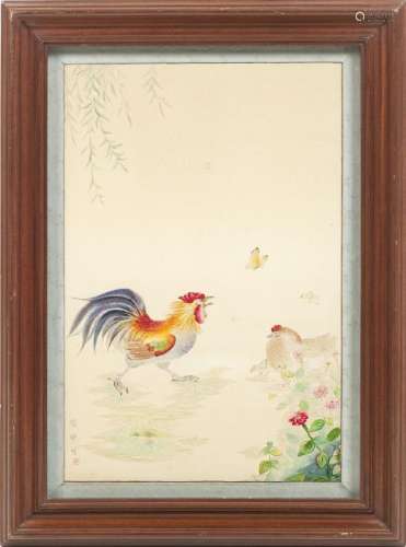 Korean embroidered panel with roosters