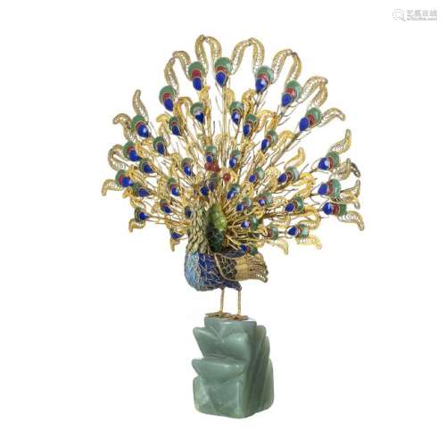 Chinese silver and enamel peacock