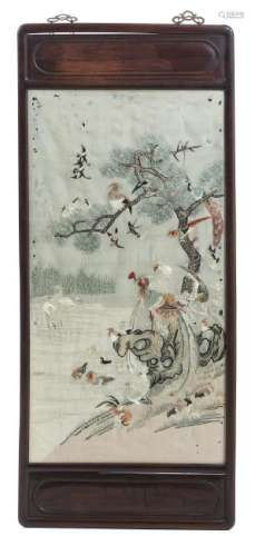 Chinese bird scene embroidery with hongmu frame