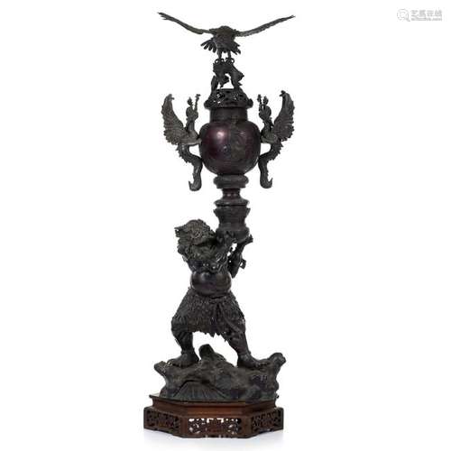 Large figurative bronze incense burner, Meiji