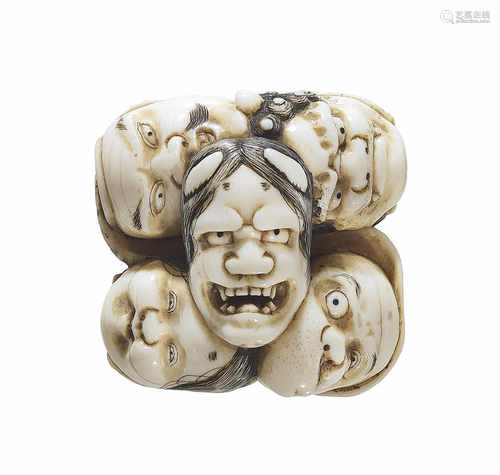 NETSUKE: GRUPPE VON NEUN MASKEN. Japan. Edo-Zeit. 19. Jh. Elfenbein, Details dunkel aktzentuiert. In