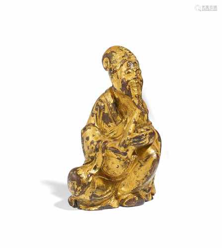 DER DICHTER DU FU MIT BUCH. China. Ming-/Qing-Dynastie. Bronze mit Vergoldung. Höhe 11cm. Zustand