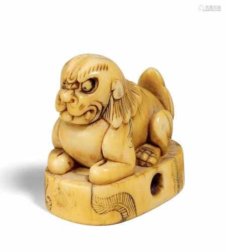 NETSUKE: ZWEI SIEGEL MIT SHISHI. Japan. Edo-Zeit. 19. Jh. Maritimes Elfenbein. Höhe je 4,3cm. Sign.: