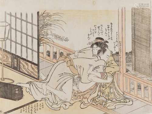 KITAGAWA, UTAMARO I.1753 - 1806 - zugeschrieben. Shunga-Holzschnitt: Liebespaar auf Veranda.