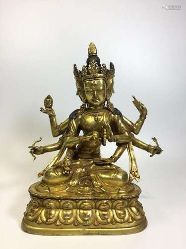 A GILT-BRONZE FIGURE OF USHNISHAVIJAYA.QING DYNASTY