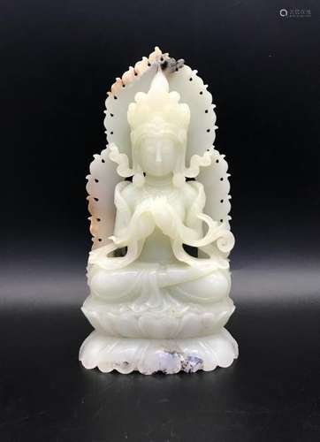 A WHITE JADE CARVING OF GUANYIN.ANTIQUE