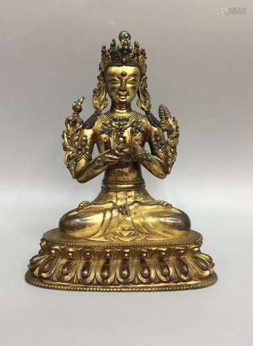 A GILT-BRONZE FIGURE OF MANJUSHRI.QING DYNASTY