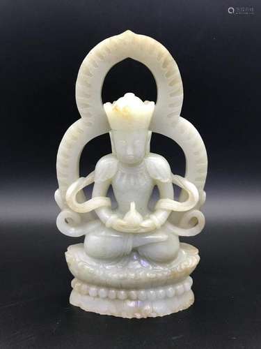 A WHITE JADE CARVING OF AMITAYUS.ANTIQUE