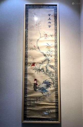 AN EMBROIDERED SILK'ROOSTER' PANEL.ANTIQUE