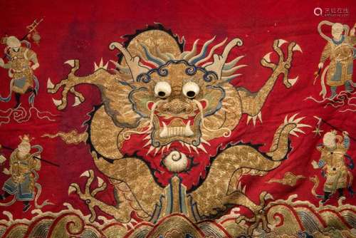 A RED EMBROIDERED SILK'DRAGON' PANEL.ANTIQUE