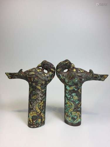 A PAIR OF BRONZE  GOLD-SILVER INLAID TUBULAR