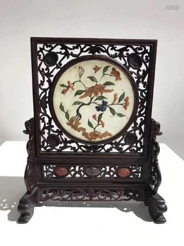 A GEM'S INLAID WOOD TABLE SCREEN.QING DYNASTY