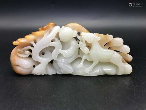 A CARVED JADE BOY AND DEER.ANTIQUE