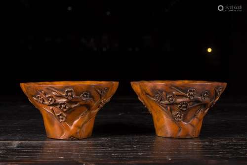 A PAIR OF CARVED HUANGYANGMU 'PLUN' CUPS.ANTIQUE