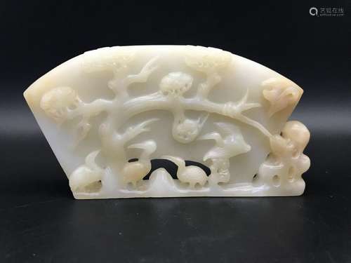 A CARVED WHITE JADE PLUM TREE AND CRANES.  ANTIQUE