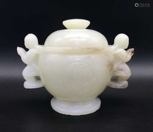 A CARVED JADE BOYS HANDEL CENSER AND COVER.ANTIQUE