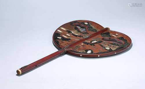 A GILT-RED LACQUER WOOD FAN.ANTIQUE