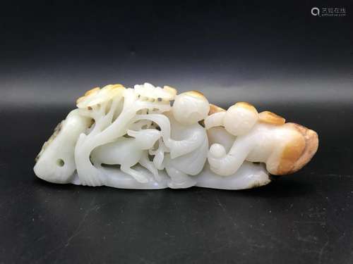 A CARVED JADE BOY AND DEER.ANTIQUE