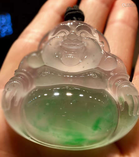 AN ICY GREEN JADEITE CARVED  LAUGH BUDDHA FIGURE PENDANT