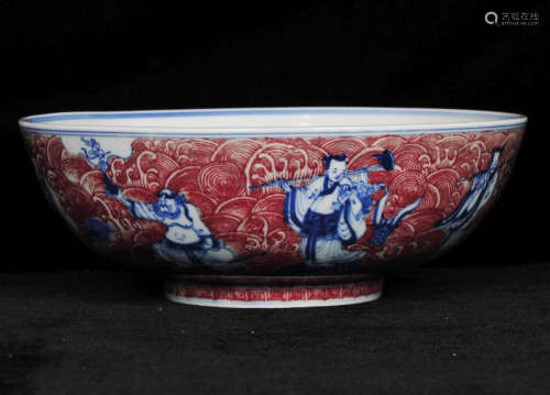 A BLUE&WHITE AND RED GLAZE BOWL WITH 