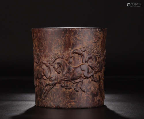 A RED WOOD HORSE  CARVED BRUSH HOLDER