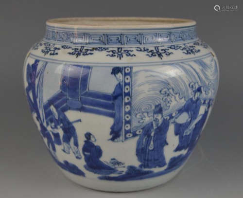 A BLUE&WHITE CHARACTER FEATURE CONGEE JAR