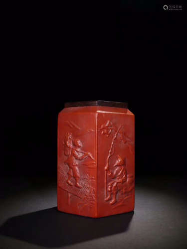 A SIX-SIDE BRUSH POT WITH STORY CARVING