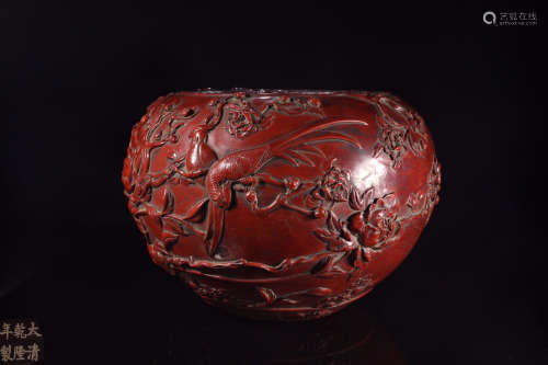 A LARGE STORY-TELLING RED LACQUER BRUSH WASHER WITH MARKING
