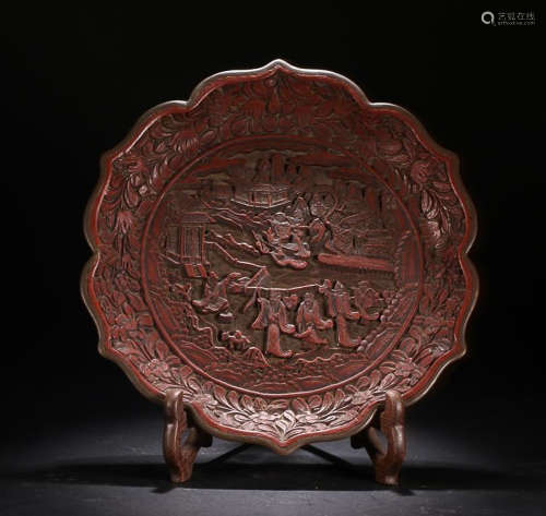 A BRONZE RED LACQUER PLATE WITH STORY PAINTING