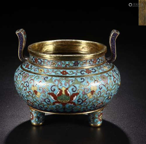 A QIANLONG MARK CLOISONNE TRIPOD CENSER