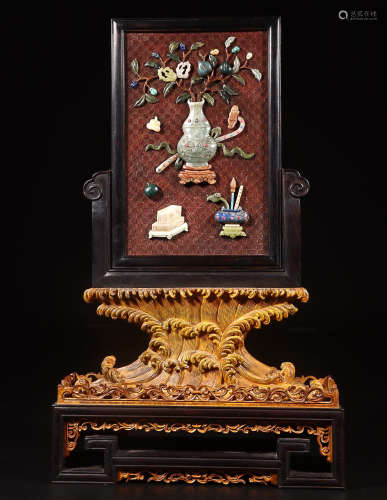 A RED LACQUER TREASURE INLAID SCREEN