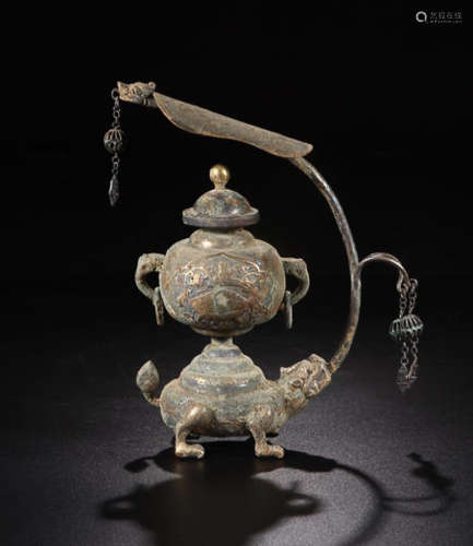 A GOLD INLAID SILVER LONGEVITY CENSER WITH LONGGUI PATTERN