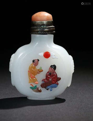 A HETIAN JADE SNUFF BOTTLE WITH TREASURE INLAYS