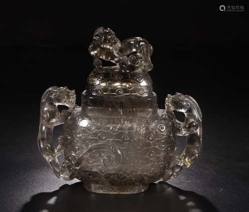 A CRYSTAL CAPPING POT WITH TIGER EARS
