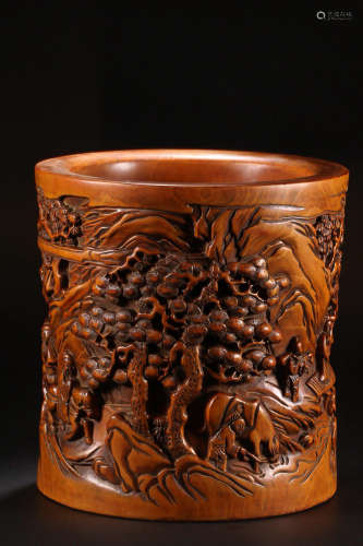 A HUANGYANG WOOD PEN HOLDER WITH FIGURE STORY PATTERN