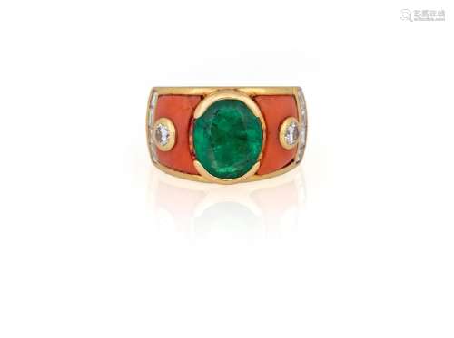 EMERALD AND CORAL RING