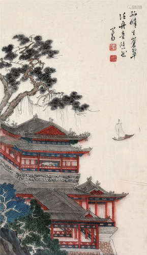 溥儒（1896～1963） 江阁泛舟图 连框 纸本