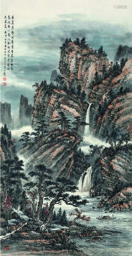 黄君璧（1898～1991） 丹崖飞瀑图 连框 纸本