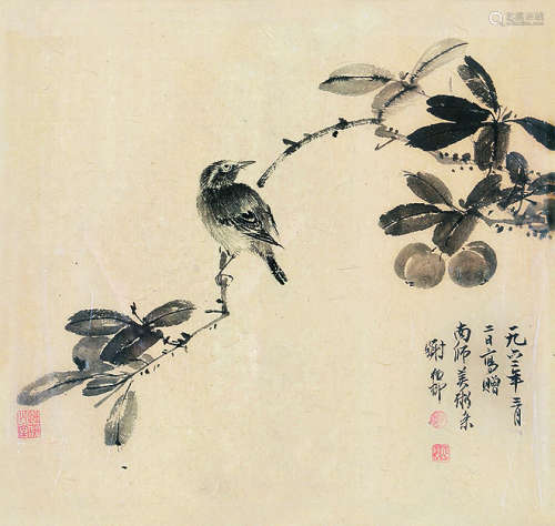 谢稚柳（1910～1997） 雀上高枝 连框 纸本