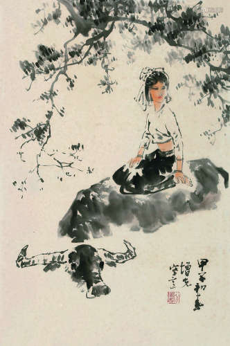 方增先（1931～） 少女与牛 立轴 纸本
