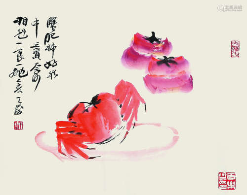 韩天衡（1940～） 蟹肥柿好 镜片 纸本