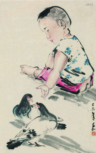 蒋兆和（1904～1986） 男孩与鸽 立轴 纸本