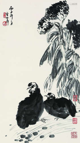 卢坤峰（1934～2015） 水墨花鸟 立轴 纸本
