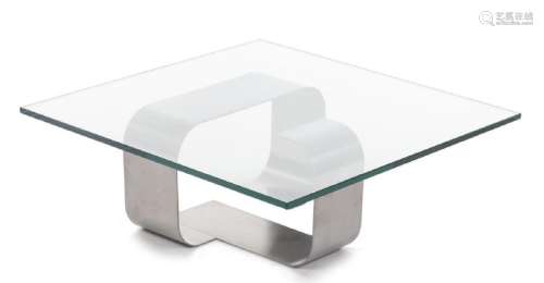 Table basse à pied en inox et plateau carré en cristal
