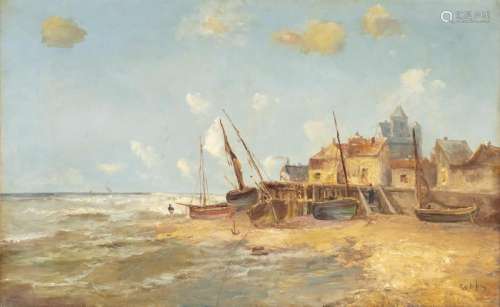 Emile Godchaux (1860-1938) Littoral avec bateaux à sec