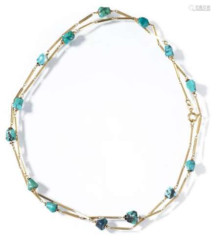 Collier en or jaune .750 & boules de turquoise