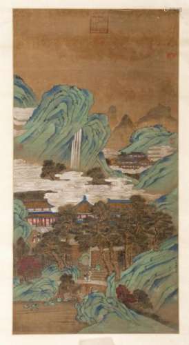 Peinture sur soie Chine représentant un paysage de