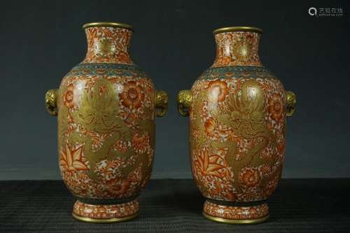 An Extremely Rare Pair of Famille Rose Porcelain Vases