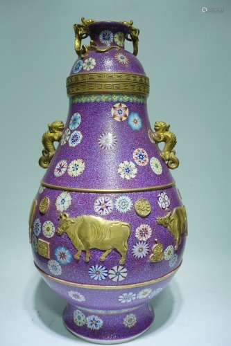 A Rare Purple Glaze and Gilt Decorated Porcelain Vase