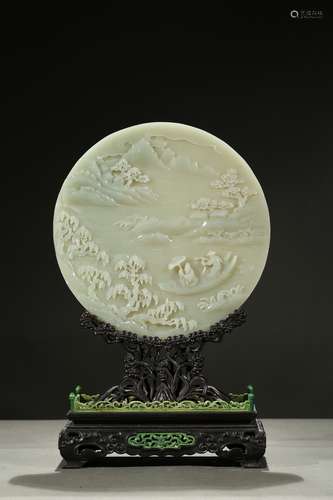 A WHITE JADE CIRCULAR TABLE SCREEN ON ZITAN STAND